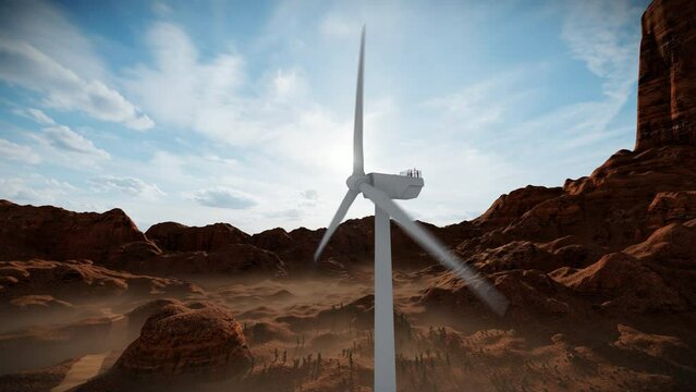 Drone flight towards maintenance workers on top of a desert Wind Turbine, 4K