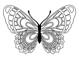 Vector coloring book page. Silhouette of elegant butterfly in mandala style isolated on white background