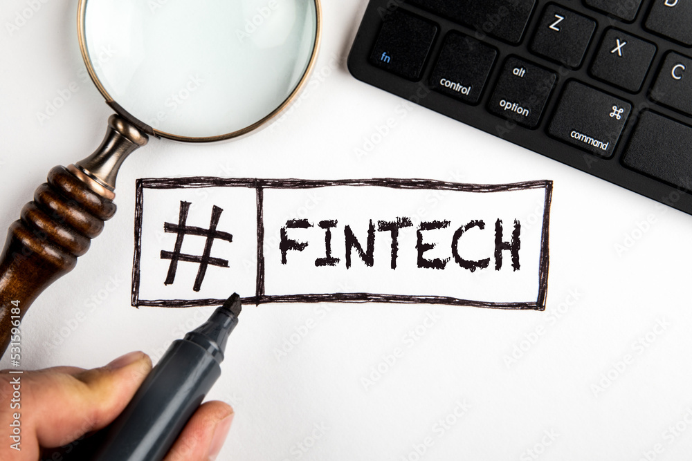 Canvas Prints fintech concept. computer keyboard, magnifying glass and hashtag symbol on white background