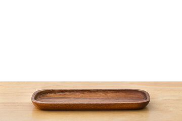 Empty sushi bamboo tray board on wood table white background. Bamboo products that have been processed into trays for use in the kitchen. Top view of plank wood for graphic stand design product.