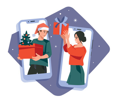 Online Christmas. New Year gifts. Man and woman with gifts in mobile phones. Vector image.