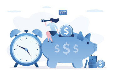 Profitable deposit. Saving for retirement. Financial future, opportunity, looking for investment opportunities. Business woman sitting on piggy bank and looking for money profit