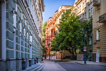 Ancient buildings in Romanov lane, Moscow. Caption: Romanov Lane