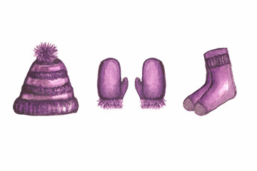 purple lilac warm hat, mittens and socks crocheted, knitting wool, acrylic, viscose, cotton