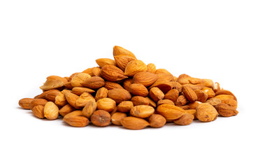 Apricot kernels peeled close-up as a background. Apricot grains heap isolated on white background.