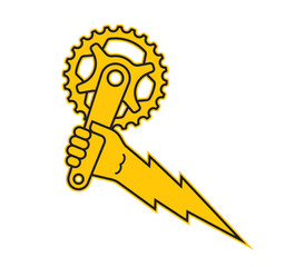 Vector yellow symbol of a hand holding a bicycle handle. Lightning. Isolated on white background.