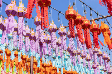 colorful hanging lanterns lighting in loy krathong and new year festival at northern of thailand