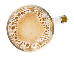 Mug of light beer top view isolated on white background, macro, lager beer, pils, pilsner