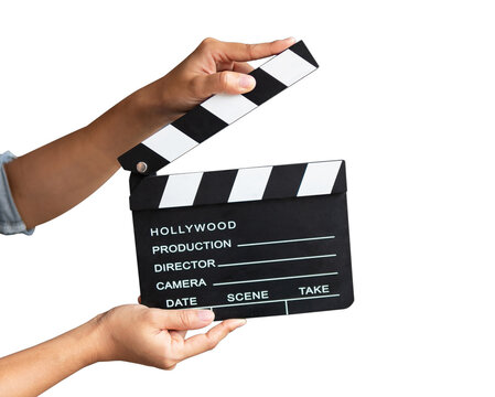 Women hands holding clapper board for making video cinema in studio.