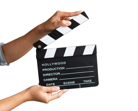 Women hands holding clapper board for making video cinema in studio.