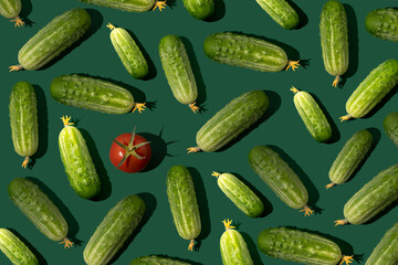 Cucumber pattern. Cucumbers on a green background. Vegetables. Tomatoes food