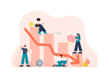 Economic crisis concept. The stock market fell down, prices drop, and investing failures or mistakes. Sad people lose their money, savings, and investments. Vector flat illustration with characters.