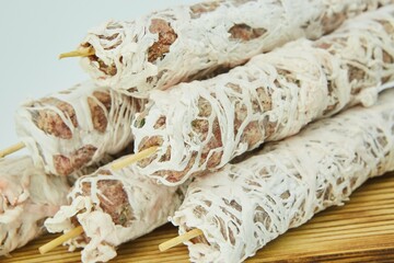Raw meat dish lula kebab, ready to cook. Semi-finished products for self-production.
