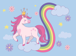 Cute princess unicorn wearing a crown walking on clouds with rainbow. Vector design illustration.
