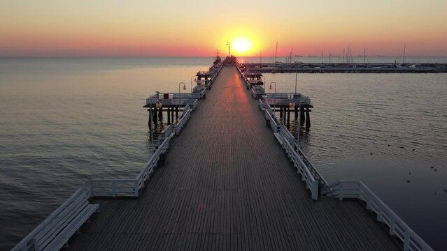 The Sopot Pier and beautiful Sopot, Poland. Amazing view from drone.
