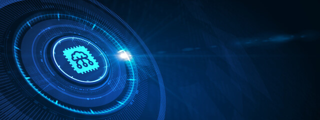 Cloud technology computing concept. Robot pressing button on virtual screen. 3d illustration