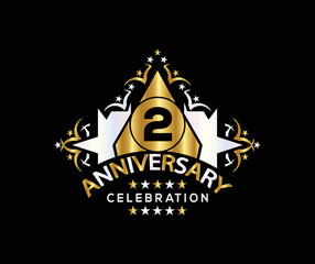 Invitation card, Celebrating of, 2 Years Anniversary, Simple Design of gold color decoration Logo