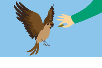 Sparrow being fed by hand, illustration, vector