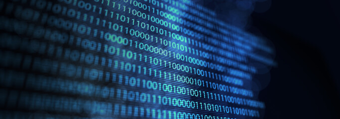 Matrix of binary numbers. Binary computer code. Futuristic backdrop. Flow of blue random digital numbers. 3d illustration