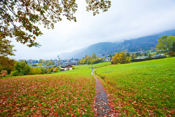 View of alpine village St. Gilgen and Wolfgangsee lake, Austria.