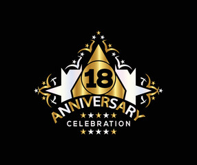 Invitation card, Celebrating of, 18 Years Anniversary, Simple Design of gold color decoration Logo