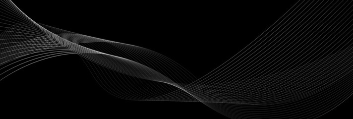 Grey abstract curved wavy lines on black background. Vector banner minimal design - obrazy, fototapety, plakaty