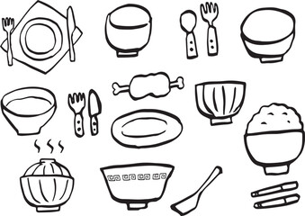 Hand drawn tableware illustration (B/W).