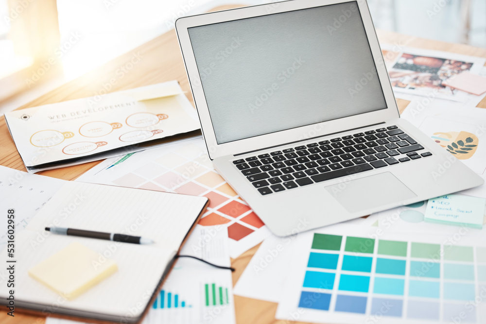 Poster laptop, color swatch and paper documents for interior design idea, creative startup and innovation v