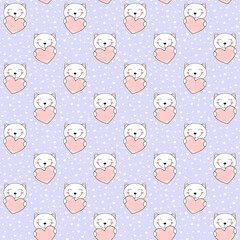 Cute cartoon cats with hearts. Seamless funny pattern.
