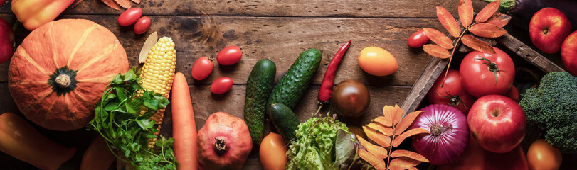 Vegetables and fruits are food. background for the header of the healthy food website