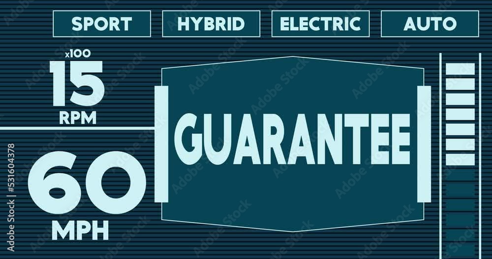 Poster futuristic car dashboard with guarantee text. digital graphical user interface animation.