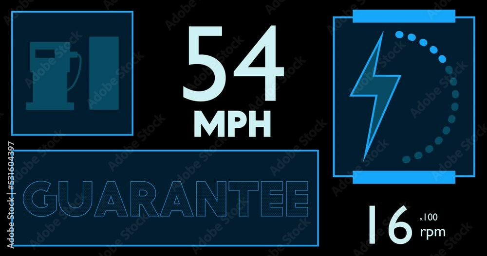 Poster hybrid car dashboard with guarantee text. digital graphical user interface animation.