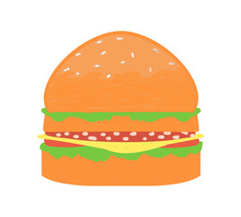 Hamburger, bun stuffed with sausage, cheese, tomatoes, lettuce, color drawing on a transparent background