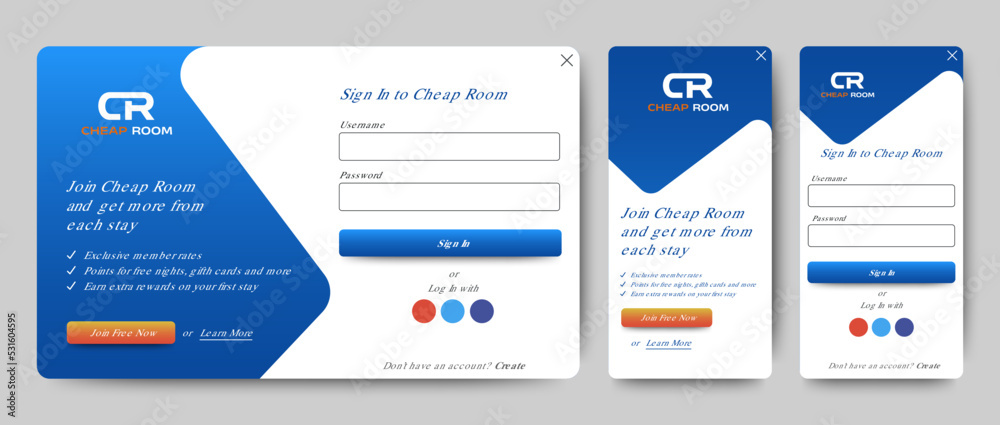 Wall mural set of sign up and sign in forms for hotel website and mobile. blue gradient background with modern 