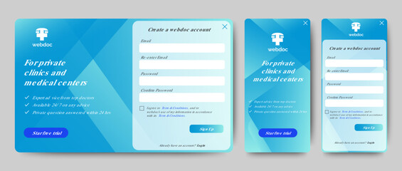 Set of Sign Up and Sign In forms for medical web and mobile. Blue gradient background with modern logo. Registration and login forms page. Professional web design, full set of elements. User-friendly 