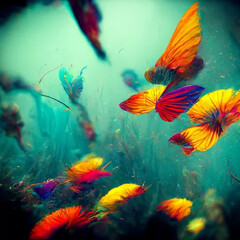 Fototapeta na wymiar Underwater background with various sea views. Underwater scene. Colorful sea fishes ocean underwater animals.
