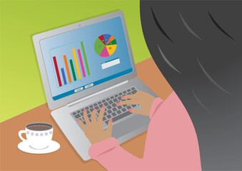 Woman at laptop analyzing data, economy and finance. Vector illustration.
