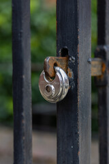 Metal padlocks on entrance gates to houses, gardens and parks, old padlocks hanging on gates, graphic art background, creative design, close up photography, Dublin, Ireland