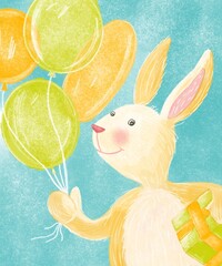 Smiling bunny with airy yellow and green balloons and a gift