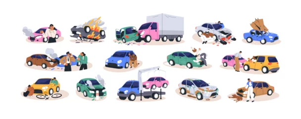 Fototapete Cartoon-Autos Car accidents set. Crash, collision at road traffic. Drivers, pedestrians and broken auto, damaged transport, injured people after crush. Flat graphic vector illustrations isolated on white background