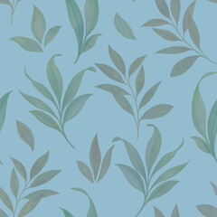 Watercolor botanical pattern. green leaves on a blue background. Abstract ornament of delicate colors.
