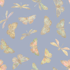 Seamless botanical pattern. Butterflies painted in watercolor and isolated on a colored background.