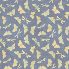 Abstract watercolor pattern. butterflies and dragonflies, seamless background for design, print, wallpaper, wrapping paper.