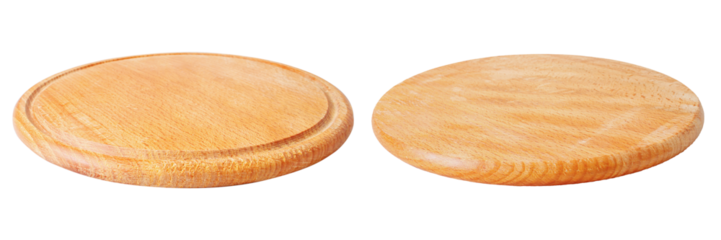 Set of two isolates on a transparent background. Round wooden cutting board, front and back. Round stand.