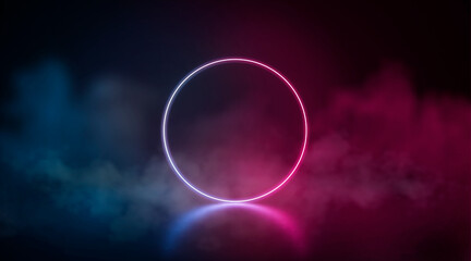 Neon glowing circle frame stand in darkness with fog effect