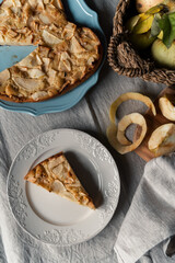 Slice of apple pie. Close-Up Of Food On Table. Vertical composition