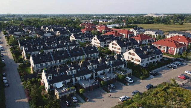 Aerial view of suburban neighborhood, Residential district with family houses in small european town, Small town in Poland, Real estate