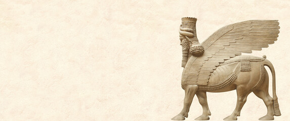 Grunge background with stone texture and lamassu. Horizontal banner with assyrian protective deity