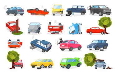 Car Crash and Road Traffic Accidents in Different Situation Big Vector Set