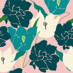 Hand drawn blooming flowers silhouette seamless pattern.  Vector abstract floral collage art background.